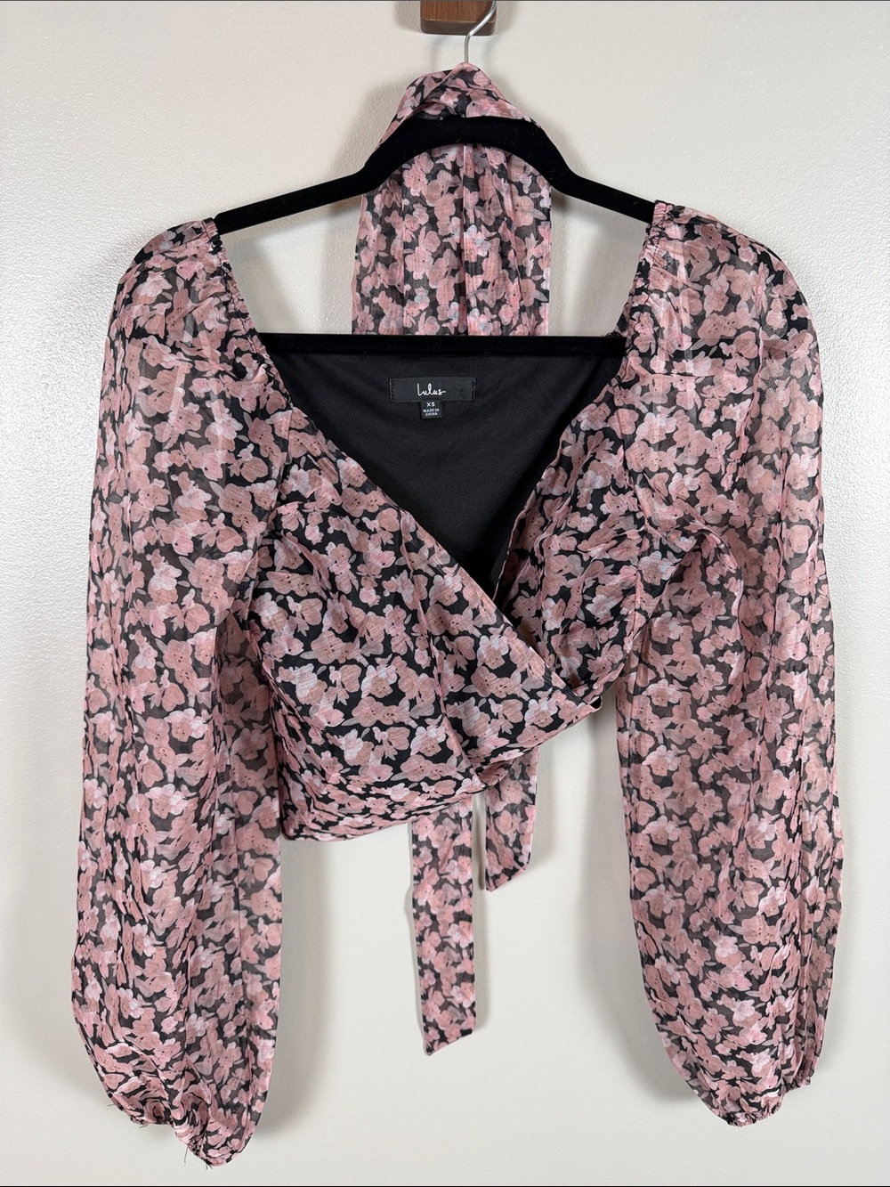 Lulu's Pretty Little Flower Black Floral Print Organza Wrap Crop Top